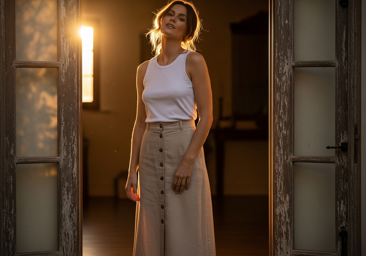 Linen Button Skirt, styled