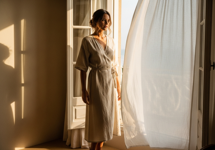 Linen Wrap Midi Dress, styled