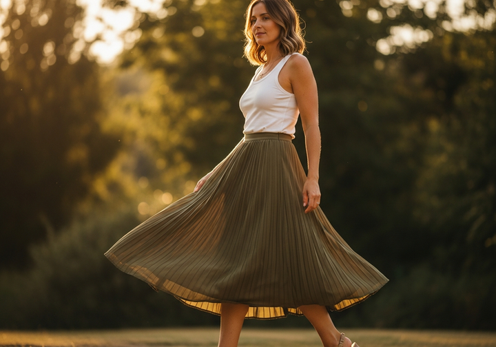 Pleated Midi Skirt, styled